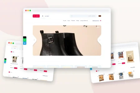 طراحی سایت فروشگاهی وستا چرم؛ کلاژ UI کیف و کفش چرمی